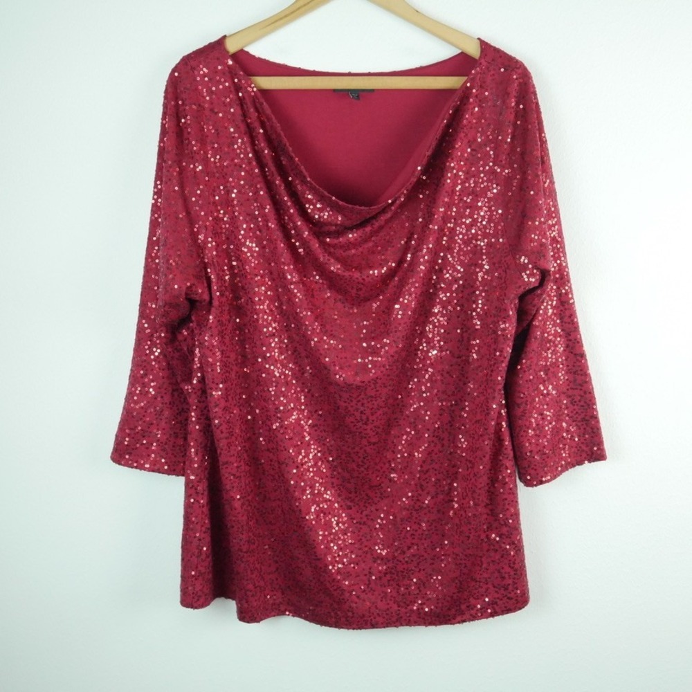 Eileen Fisher Silk Sequin Cowl Neck Top Burgundy Red 3/4 Sleeve XL Holiday Xmas